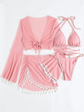 4 Pieces Lace Up Halter Triangle Bikini Swimsuit & Cover Up Top With Skirt Sexy Swimwear Women 2023 Bathing Swimming Suit Female