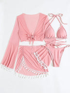 4 Pieces Lace Up Halter Triangle Bikini Swimsuit & Cover Up Top With Skirt Sexy Swimwear Women 2023 Bathing Swimming Suit Female