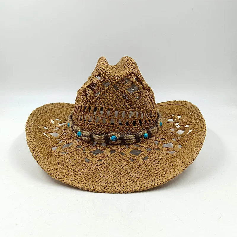 Hand-woven hollow denim straw hat men's and women's summer sunscreen hat western cowboy straw hat sombrero mujer sombrero hombre