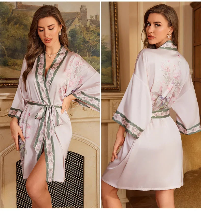 Female Robe Nightgown Summer Satin Sleepwear Loungewear Silky Printing Kimono Bathrobe Gown Yukata Sexy Casual Nightwear