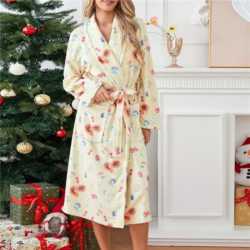 Women Y2k Fruit Robe Fleece Shawl Collar Bathrobe with Belt Cozy Spa Long Robe Open front Nightgown Loungewear LUXLIFE BRANDS