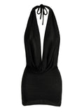 2026 Women New Year Bright Silk Dresses Sexy Stacked V Halter Neck Backless Knit Beach Mini Dress Summer Swimsuit Cover Up K145 Luxlife Brands