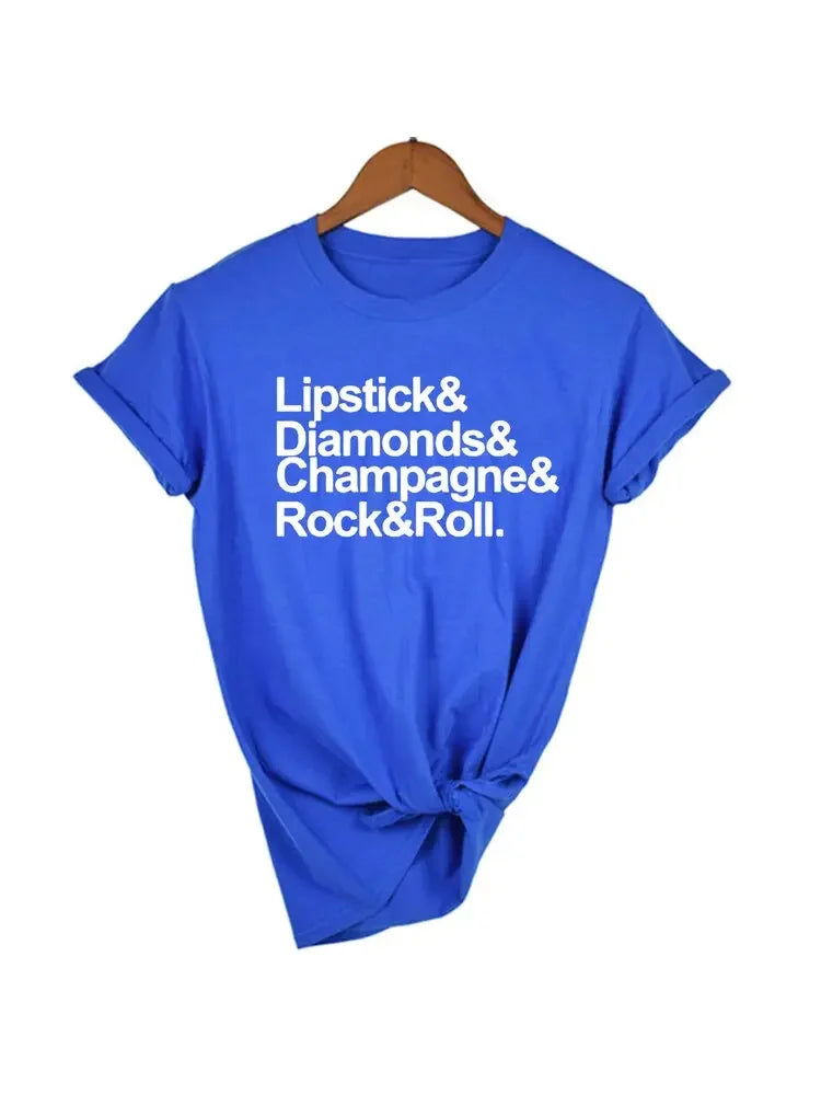 Lipstick Diamonds Champagne Rock and Roll Women Shirts Streetwear Short Sleeve Casual O-Neck T-shirt Tumblr Tops Tee tshirts