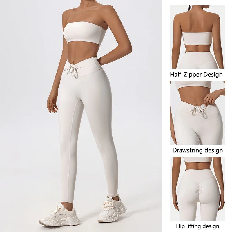 Ctenkevet Summer Women's Breathable Yoga Set Female High Waist Drawstring Sports Suit 2ps Women Fitness Wear Strapless Bra Woman Luxlife Brands