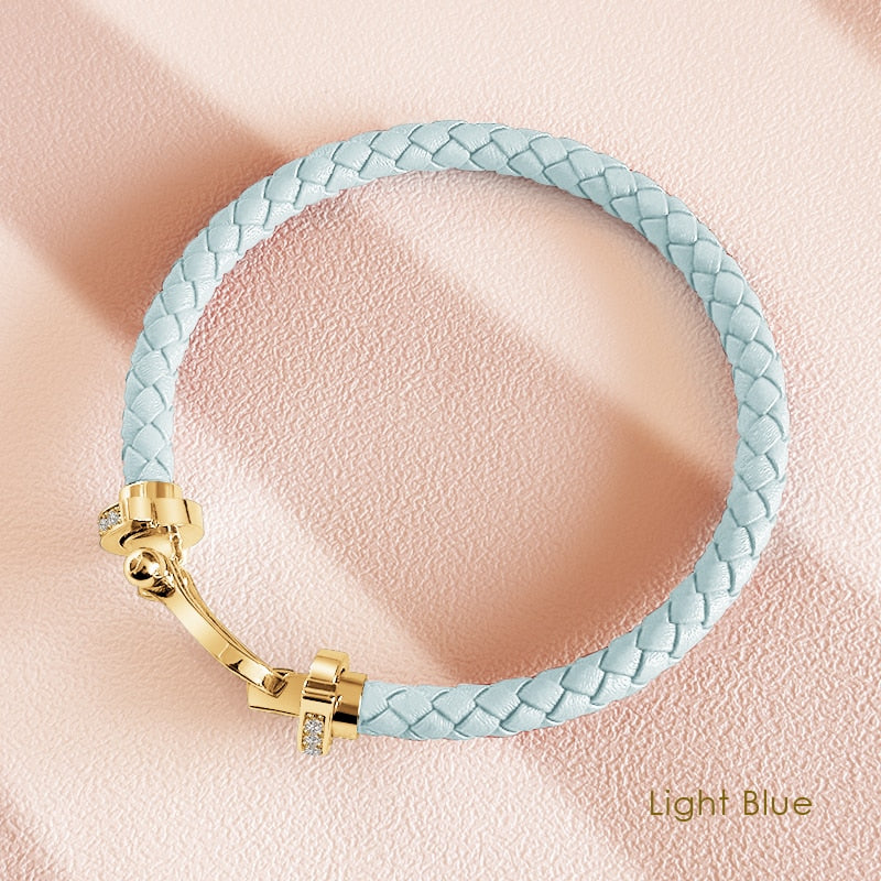 Classic Zirconia Horseshoe Bracelet Genuine Braided Leather Bracelet Female Jewelry Gift Couples Neutral Accessories 10 Colors