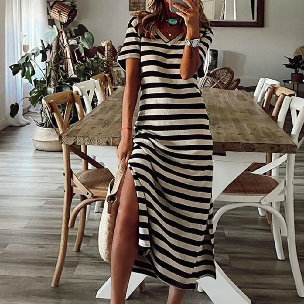 Summer Dresses 2023 Woman Plus Size Dresses For Women Casual Stripe Print V-neck Short Sleeve Loose Long Dress Robe Femme LUXLIFE BRANDS