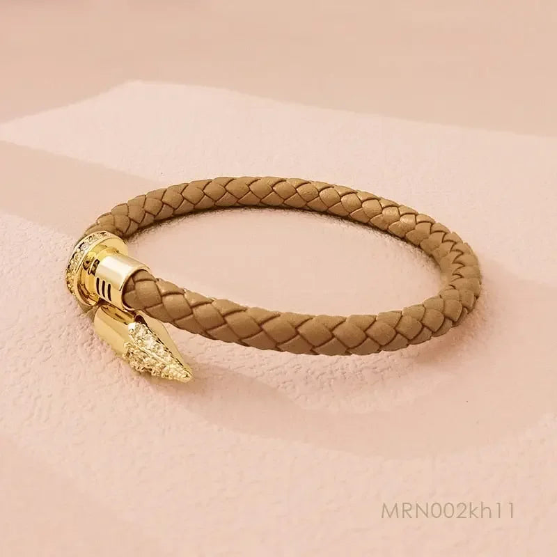 MOONLIGHT Genuine Braided Leather Bracelet for Woman High Quality Classic Cubic Zirconia Nail Bracelet Female Jewelry Gifts