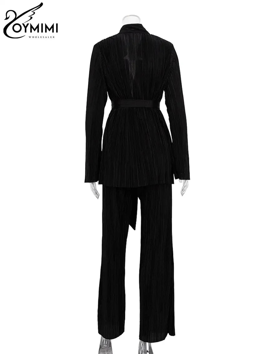 Oymimi Sexy Black Pleated 2 Piece Sets Women Outfit Fashion Loose Slit Long Sleeve Lace-Up Top With High Waist Pants Set Female