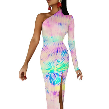 Neon Paint Print Bodycon Dress Spring Confetti Storm Sexy Side Split Long Dresses Long Sleeve Custom Streetwear Dress