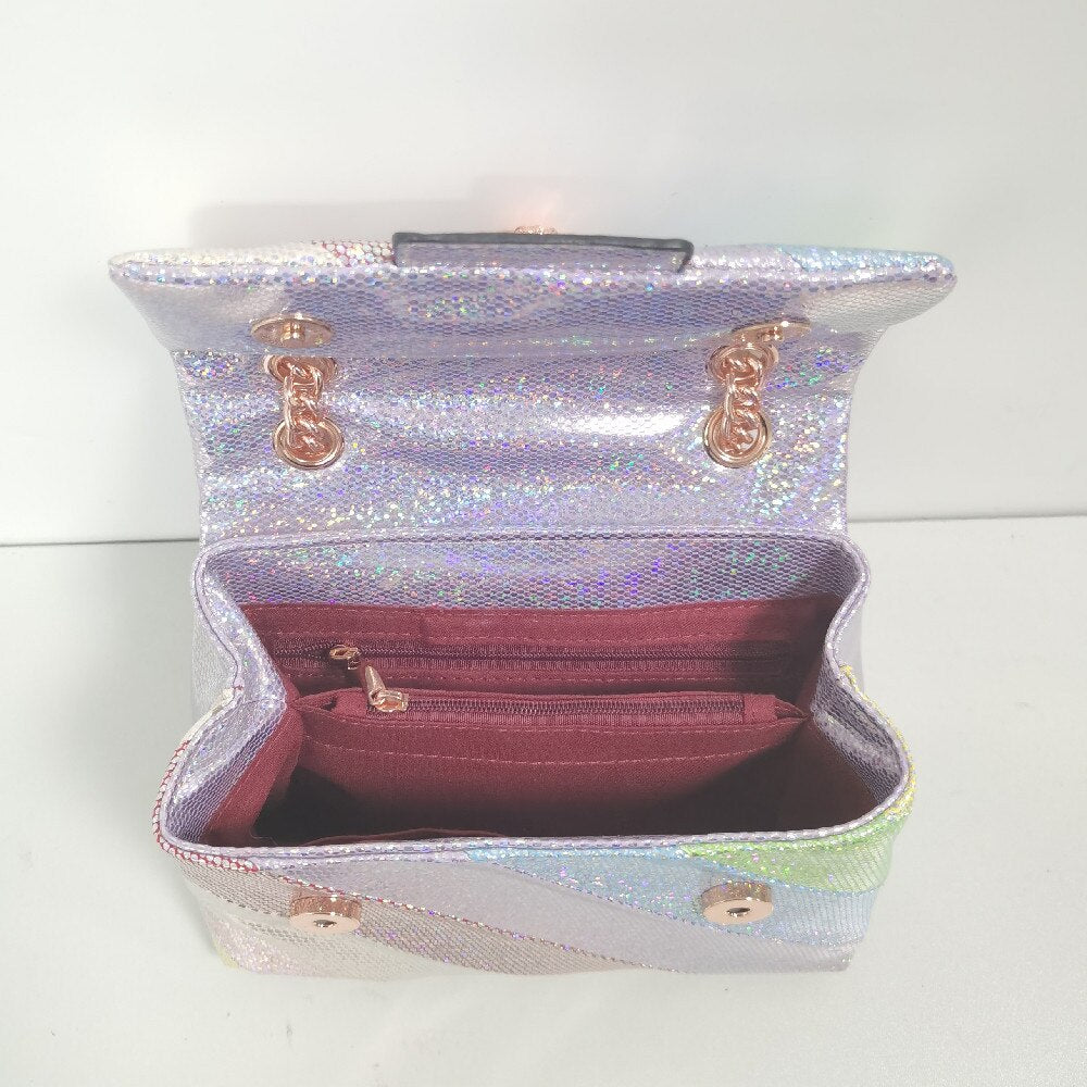 New Arrival Shiny Glitter Mini Rainbow Women Handbag Jointing Colorful Sequin Cross Body Bag