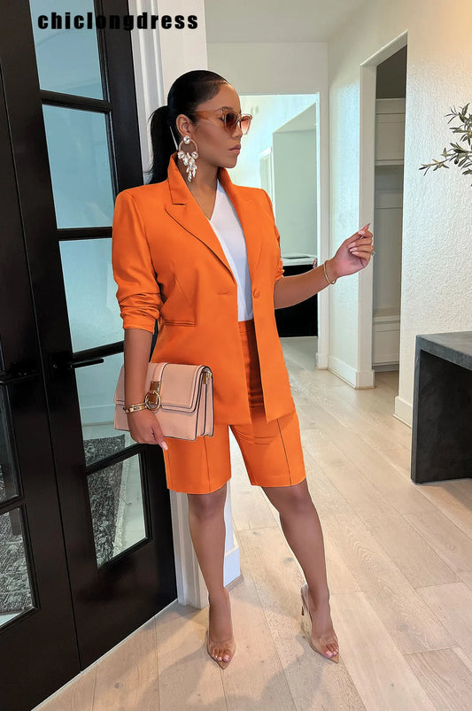 Autumn Fashion Elegant Two Piece Set Women Office Ladies Solid Slim Blazer Shorts Two Piece Set for Women