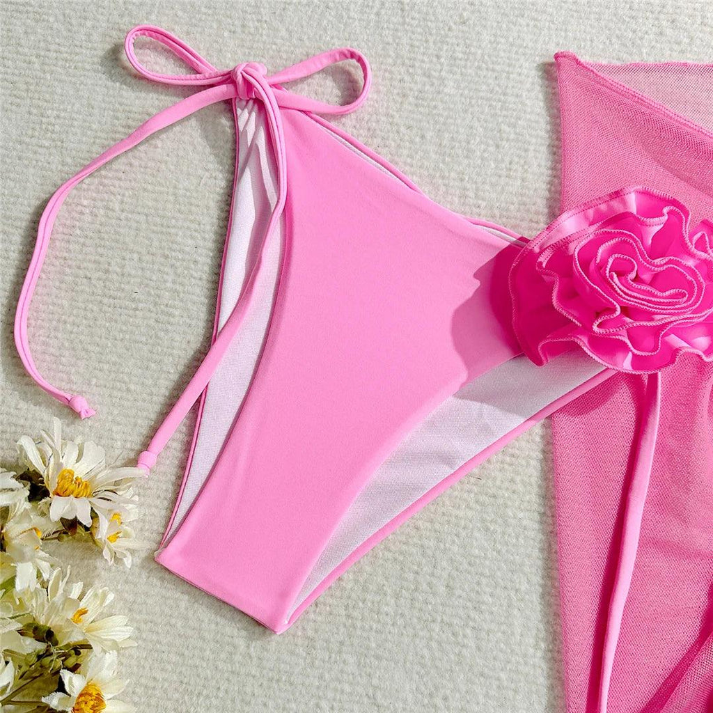 New 3D Flowers With Sarong Bandeau Bikini Female Swimsuit Women Swimwear Three-pieces Bikini set Bather Bathing Suit Swim V5526
