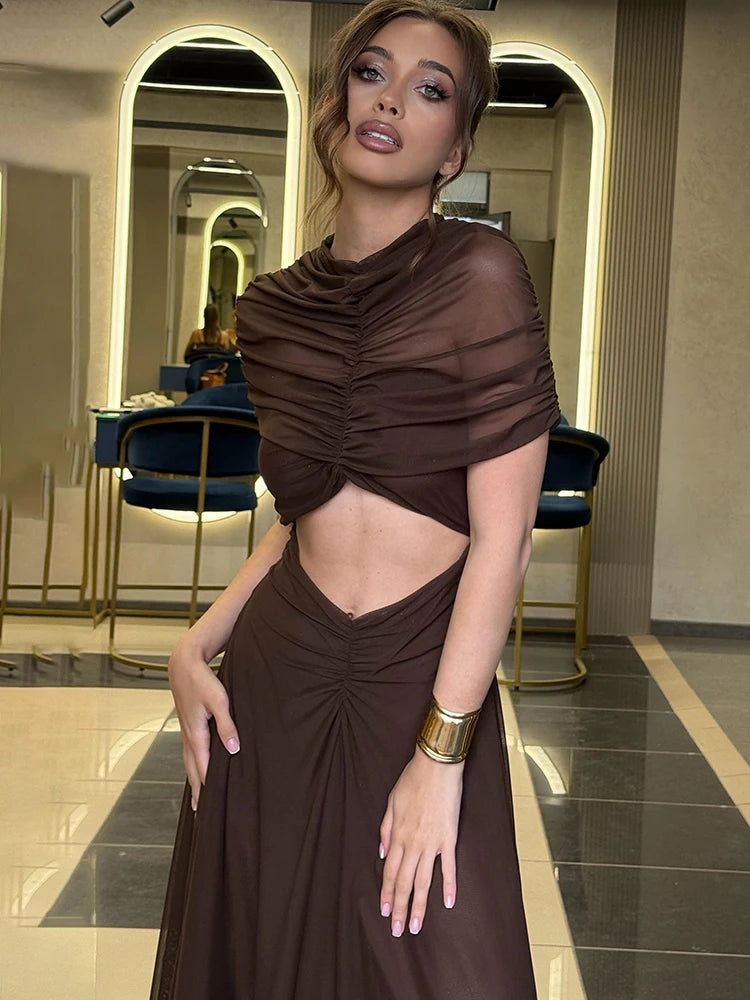 Mozision Hollow Out Short Sleeve Sexy Maxi Dress Women Fashion O Neck Ruched High Waist Bodycon Club Party Long Dress Female