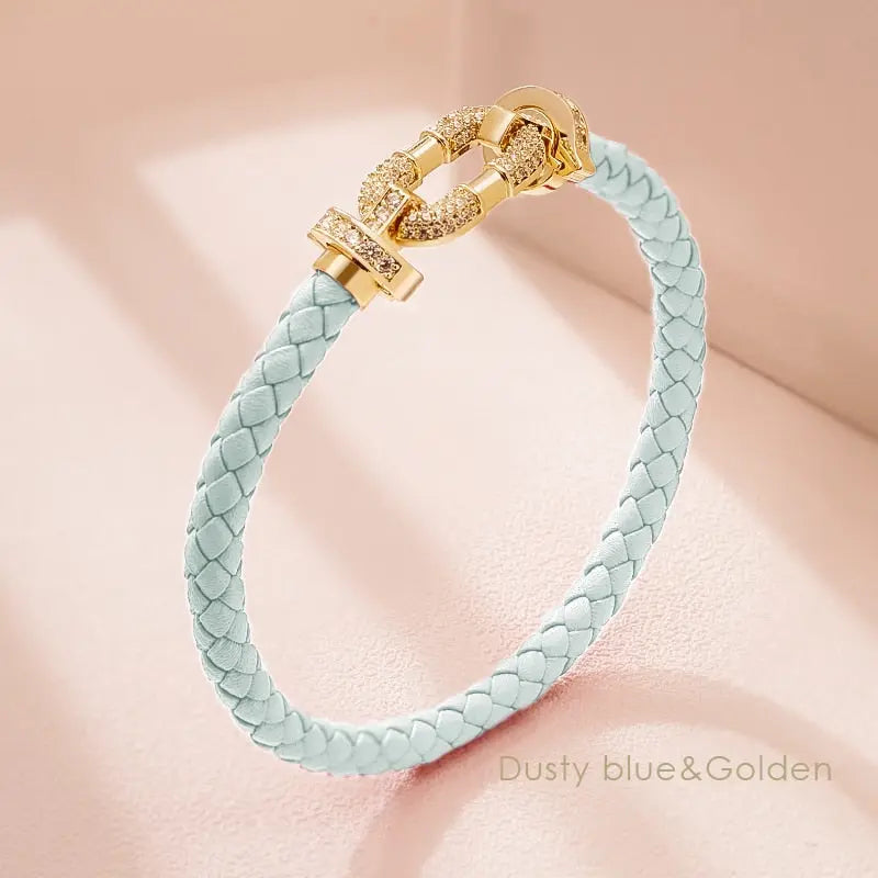 MOONLIGHT Women's Trendy Round Metal Brand Genuine Braided Leather Bracelet Cubic Zirconia Bracelet Female Jewelry Accessories