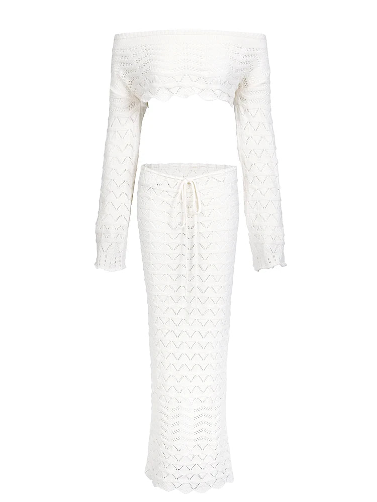 Sexy Knit One-neck Long Sleeve Short Top Drawstring Half Skirt Beach Two-piece 2025 Women Summer Swimsuit Cover Up Chic Set K172 Luxlife Brands