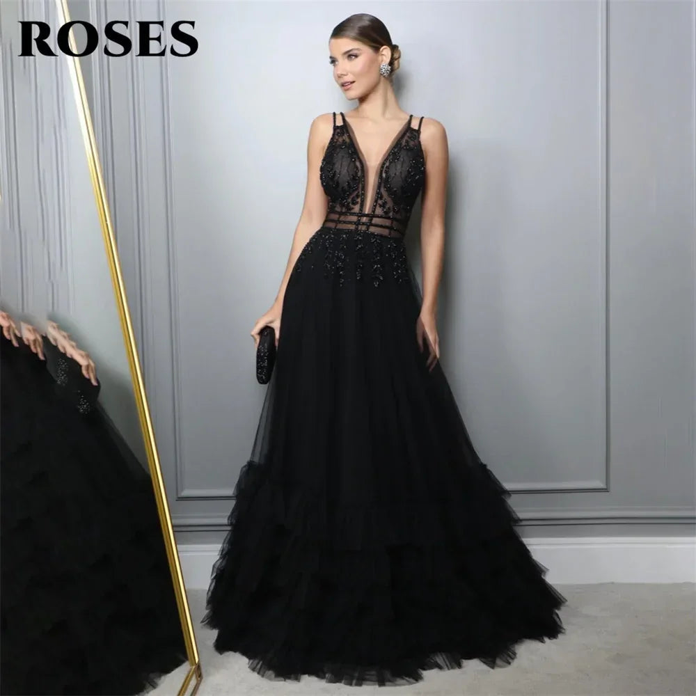 ROSES A Line Tank Evening Dresses Net Beading Sequin Charming Prom Dress Embroidery Party Dresses Custom Size vestidos de noche Luxlife Brands