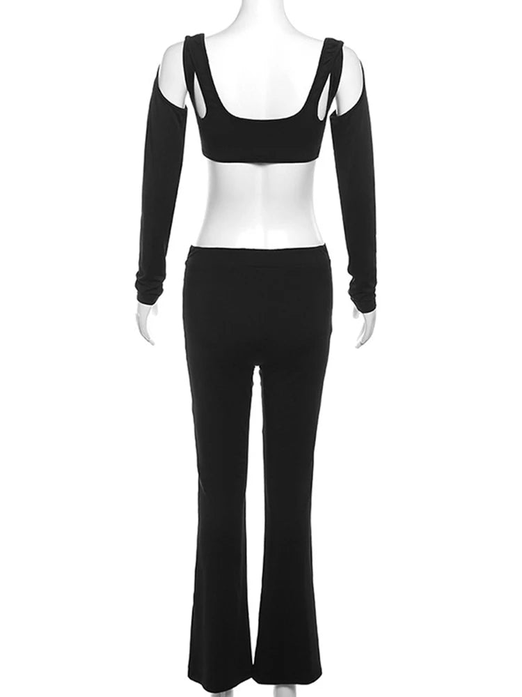 Aynaray Y2K Autumn Winter 2023 Women Sexy Bodycon Slim Dance Suits Solid Black Outfits Crop Tops 2 Two Piece Pants Set Female