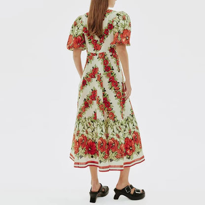 ONEINALL Floral Priting Dresses For Women Round Nack Puff Sleeve High Waist Asymmetrical Hem Vintage Dress Female Summer Clothes