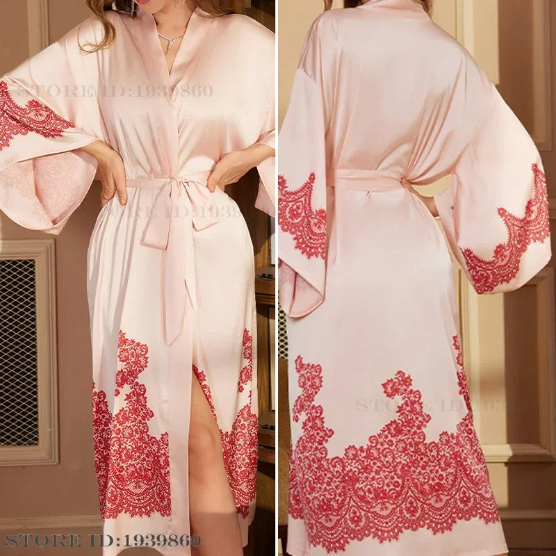 New Long Robe Women's Sleepwear Print Flower Kimono Bathrobe Gown Yukata Loose Silk Satin Nightdress Homewear Intimate Lingerie