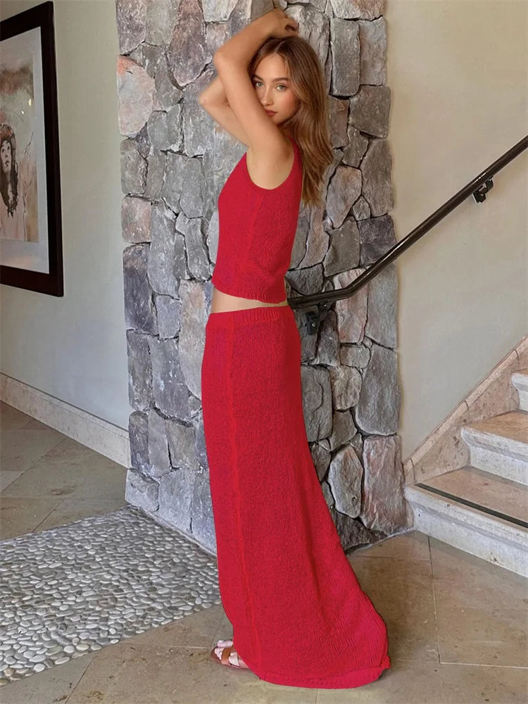 Women Sexy Knit See-through Shiny Top Half Long Skirt Set 2025 Summer Beachwear Swimsuit Cover Up 2 Piece Party Club Outfit K68 Luxlife Brands