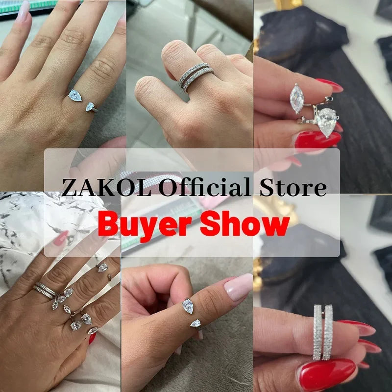 ZAKOL Korea Shiny Cubic Zircon Leaf Shape Open Rings for Women Fashion Geometry Crystal Finger Ring Anillos for Party Jewelry LUXLIFE BRANDS