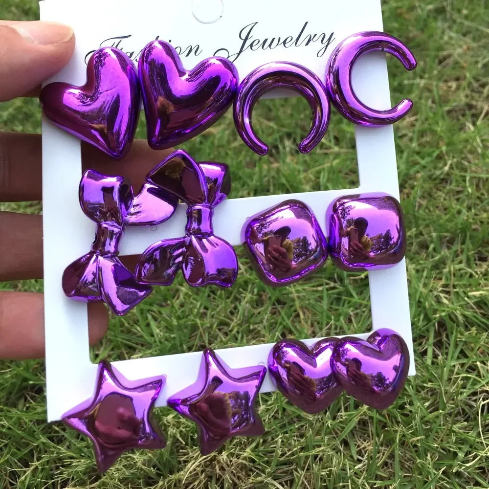 New 6 pair/set Metallic Color Acrylic Y2K Stud Earrings for Women Rock Heart Moon Star Bowknot Square Earring Korea Jewelry Sets