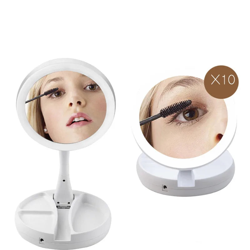 Foldable USB Charging or Battery Led Mirror Makeup White Vanity Cosmetic Mirror with Light 10X Magnifying Table Mirrors LUXLIFE BRANDS