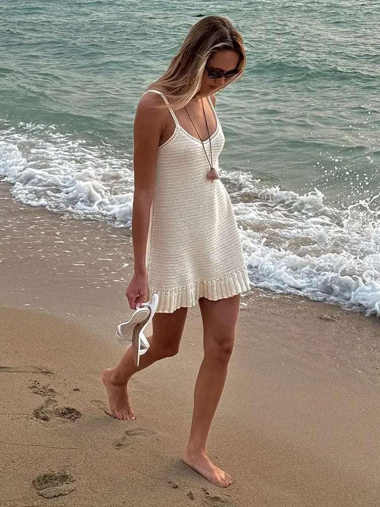 sexy crochet dress Women's Lace Hollow Out Knitted See-Through Sleeveless Tie-Up Bohemian Beach Cover Up Mini Dress, White Vacation Summer This lingerie can create the sexiest look for you Madelyn Sexy Crochet Dress Black