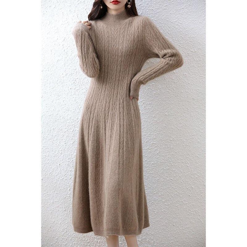 Elegant Fashion Dresses Cashmere Sweater Knitted Long Dress 100% Merino Wool Women Turtleneck Office Skirt Autumn Winter Clothes LUXLIFE BRANDS