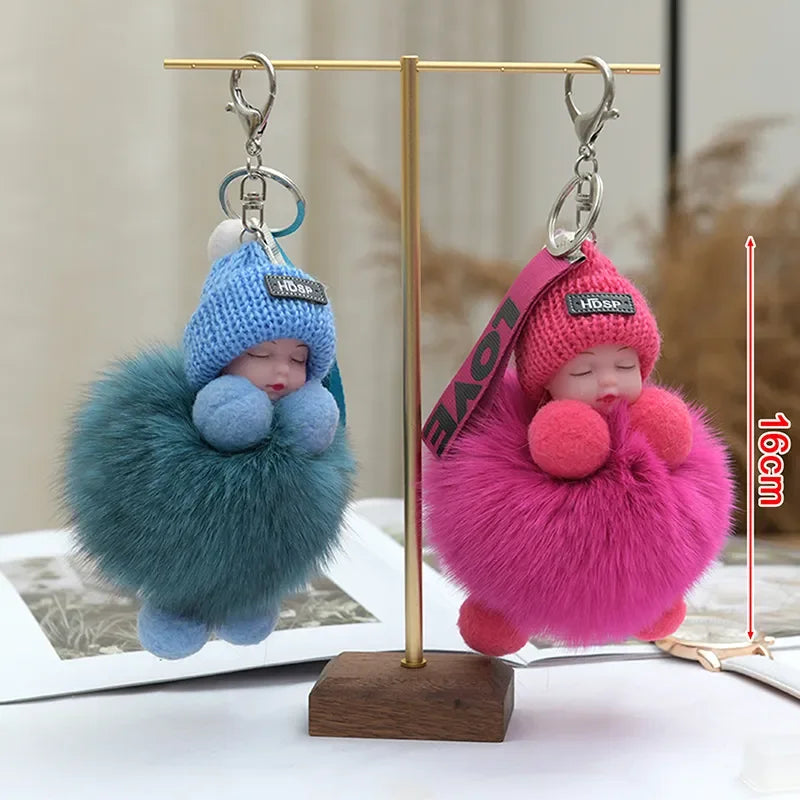 Pompom Sleeping Baby Keychain Cute Fluffy Plush Doll Keychains Women Girl Bags Keyrings Cars Key Ring Gift Charming Decoration LUXLIFE BRANDS