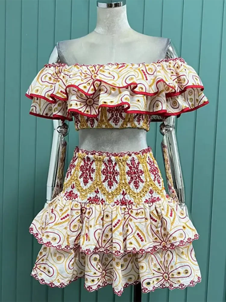 TWOTWINSTYLE Print Two Piece Sets For Women Slash Neck Short Sleeve Tops High Waist Skirts Summer Loose Set Female Fashion New