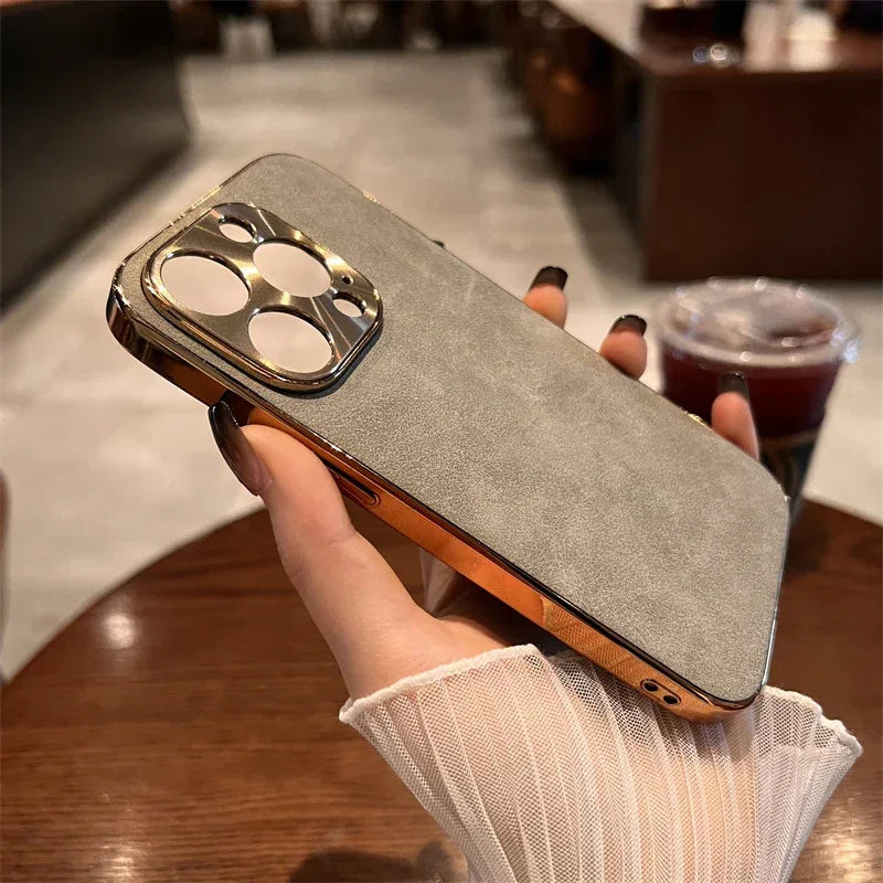 Sheepskin Phone Case For iPhone 15 11 13 12 14 16 Pro Max Plus Plating Bumper Turn Fur Lambskin Leather Metal Lens Phone Cover