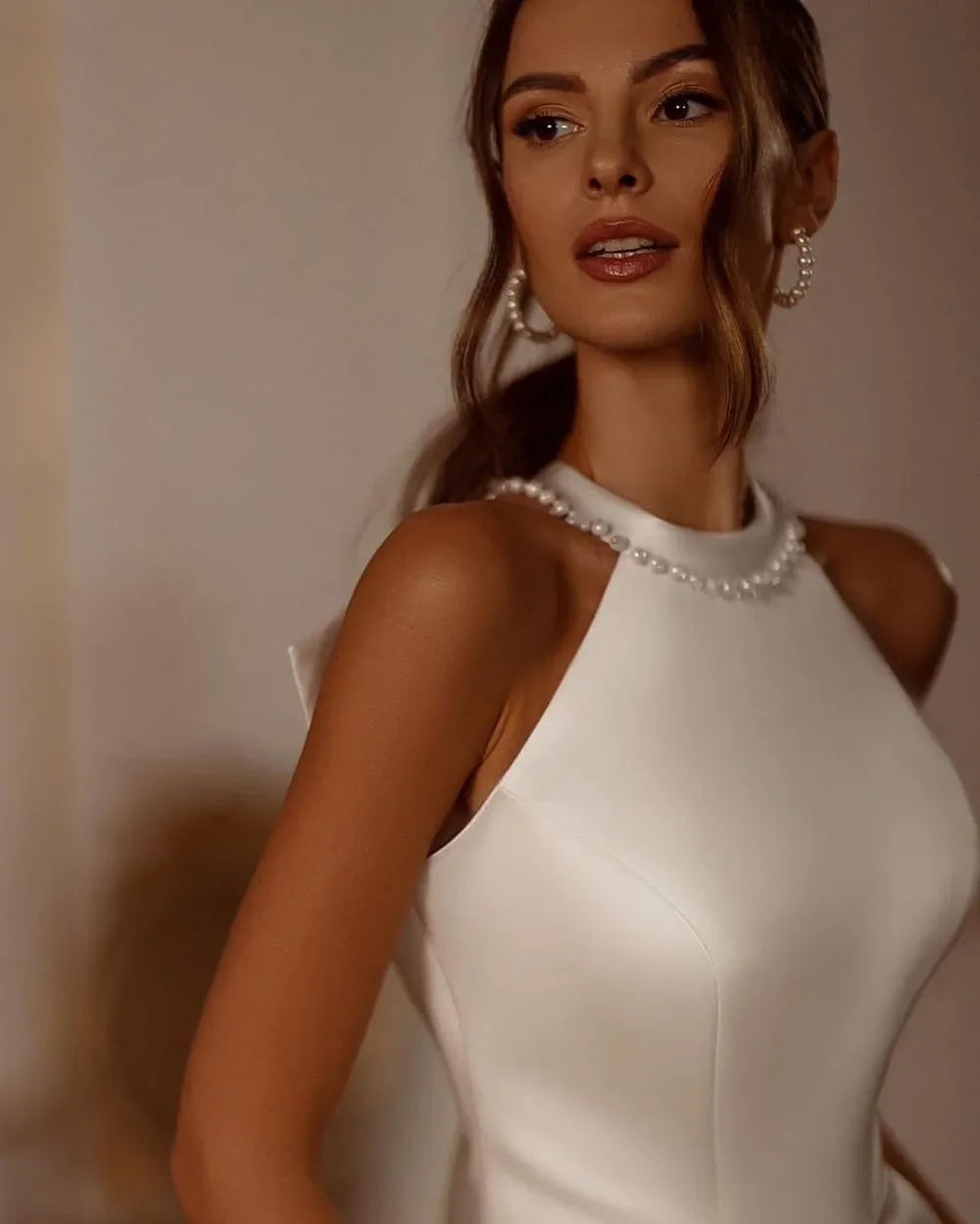 Msikoods Modern Mermaid Wedding Dress Halter Neck Bow Sexy Side Split Boho Wedding Gown With Pocket Bride Dresses LUXLIFE BRANDS