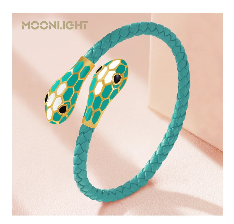Double Snake Head Cuff Bangles Braided Leather