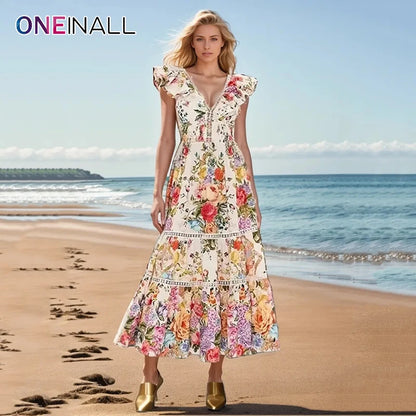 ONEINALL Print Spliced Ruffles Dresses For Women V Neck Short Sleeve Backless High Waist Slimming Hollow Out Maxi Dress Female