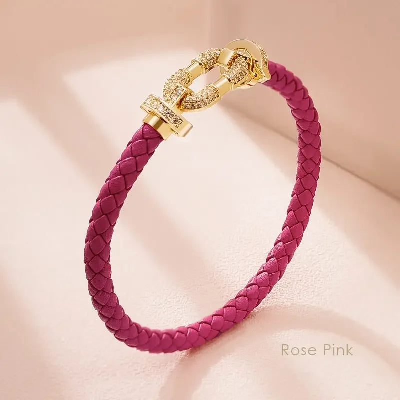 MOONLIGHT Women's Trendy Round Metal Brand Genuine Braided Leather Bracelet Cubic Zirconia Bracelet Female Jewelry Accessories