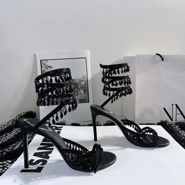 Rhinestone Snake Wrap Sandals Solid Designer Summer Shoes Open Toe Fringes Stiletto Heel Hollow Sandals Women Party Prom Fashion