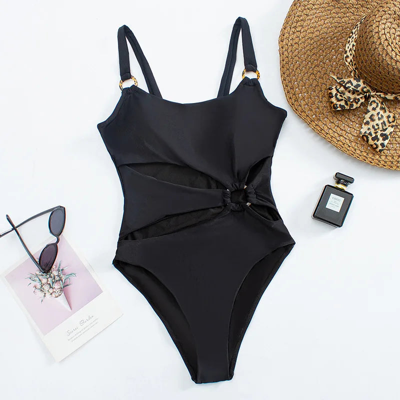 Sexy One piece Solid Color Women Bikini Set with Hollow Suspender Bikini Fashion Backless Swimsuit Low Waisted Bikini Set