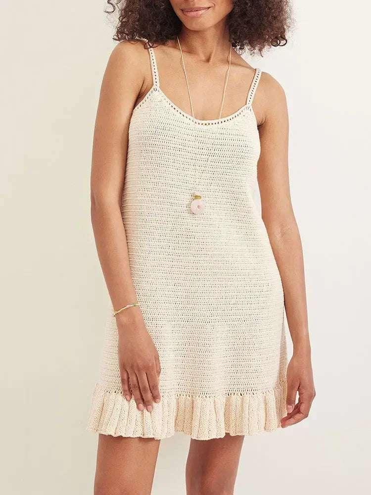 Sexy Crochet Halter V Neck Chic Ruffle Knit Beach Mini Dress 2025 Women Comfy Swimsuit Cover Up Seaside Holiday Club Dresses K58