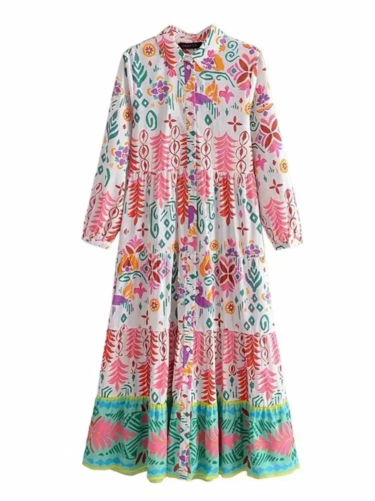 Foridol Paisley Print Shirt Dress Elegant Autumn Spring Green Dress Floral Print Boho Female Maxi Dress Long Sleeve Dress 2023