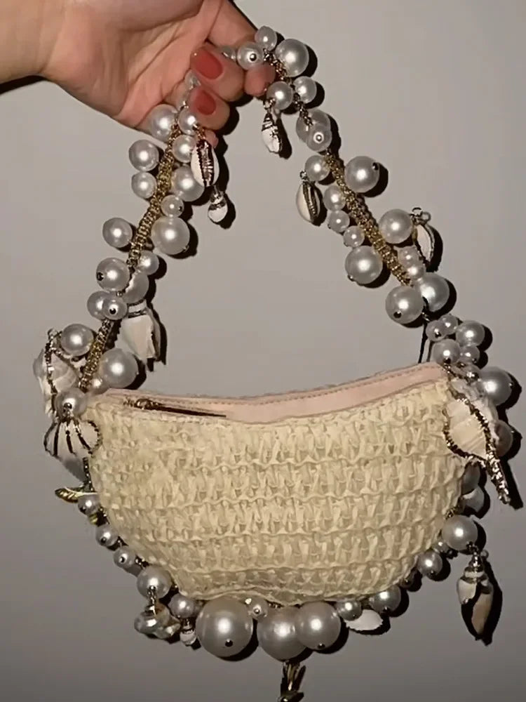 Lady Evening Bags For Women Luxury Designer Brand Handbags And Purses 2023 New In Papyrus Woven Chain Beaded Trim Shoulder Bag Luxlife Brands