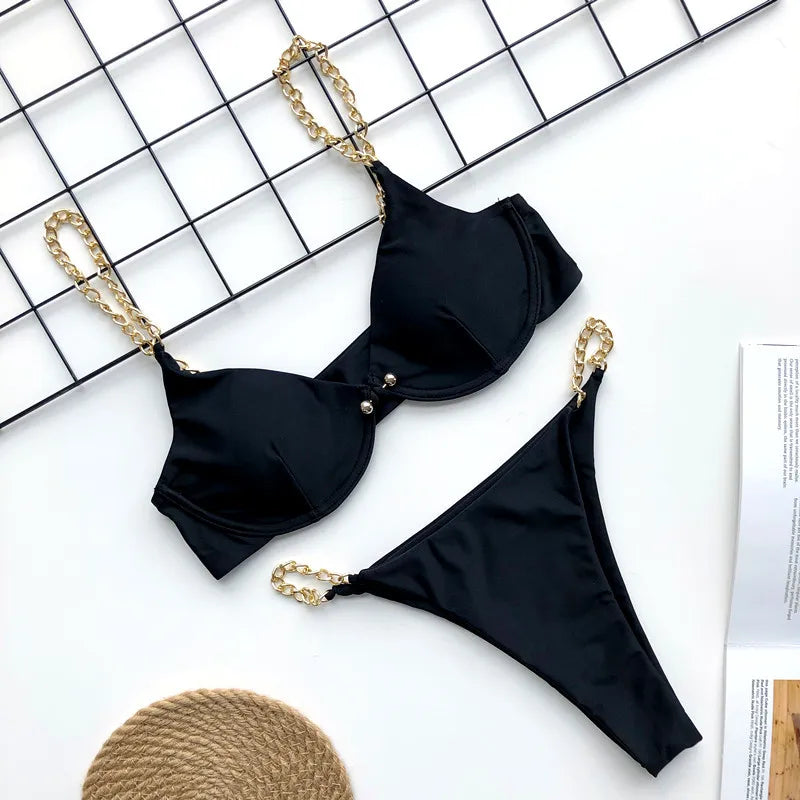 Sexy Metal Chains String High Cut One Piece Swimsuit Women Swimwear Female Monokini Tummy Cut Out Bathing Suit Swim Beach Wear