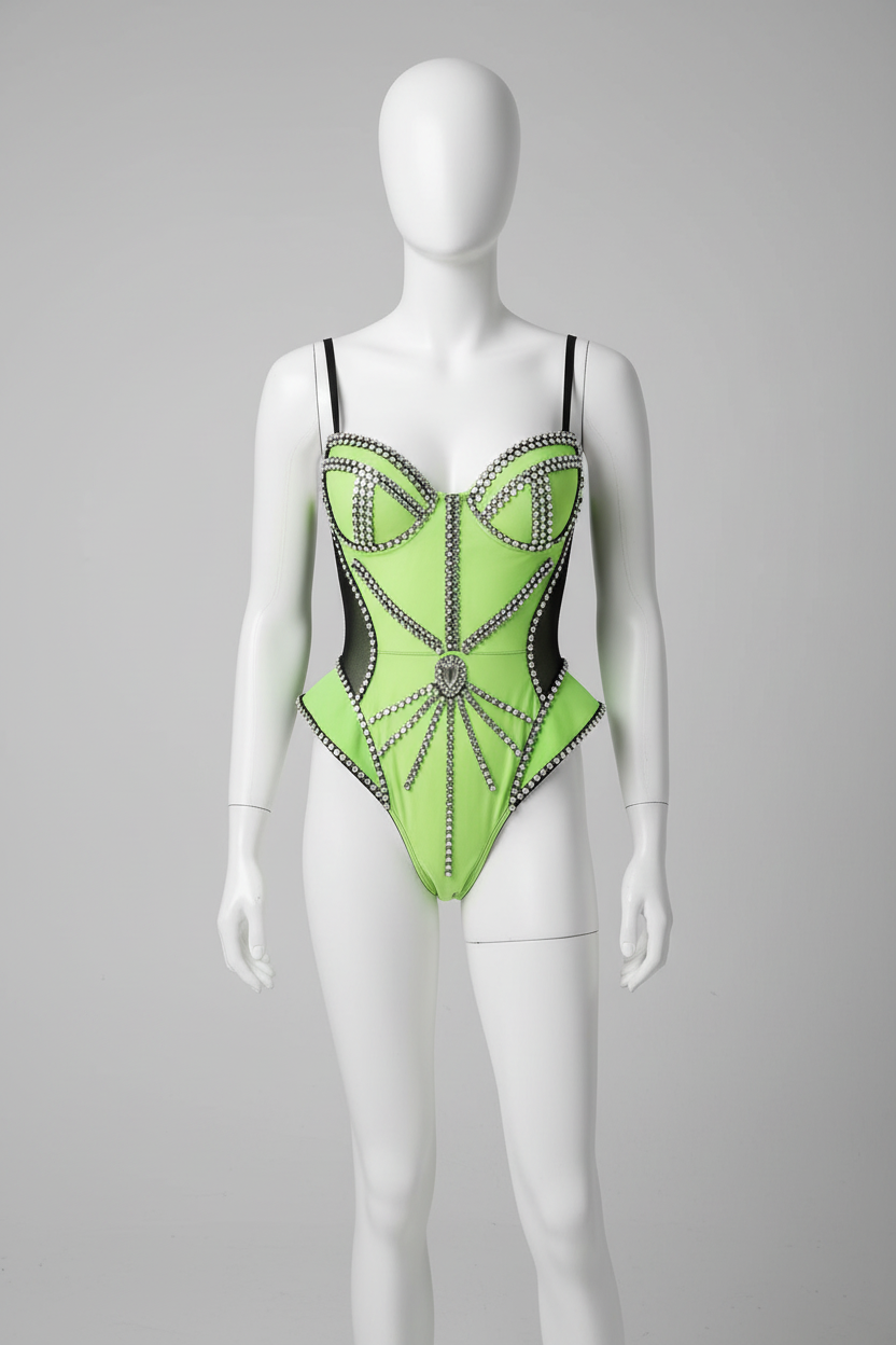 Luxury Rhinestone Performance Bodysuit – Premium Crystal Stage Costume for GoGo Dancers, Circus Performers & Festival Rave Outfits