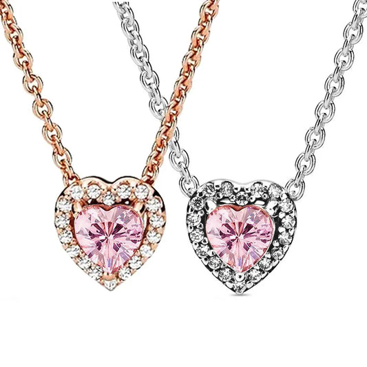 Rose Gold Timeless Elegance Elevated Heart With Pink Crystal Necklace For 925 Sterling Silver Charm Bracelet Popular Diy Jewelry LUXLIFE BRANDS