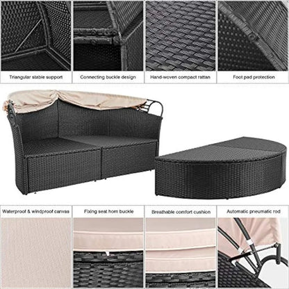 Patio Furniture Outdoor Round Daybed with Retractable Canopy Wicker Rattan Separated Seating Sectional Sofa