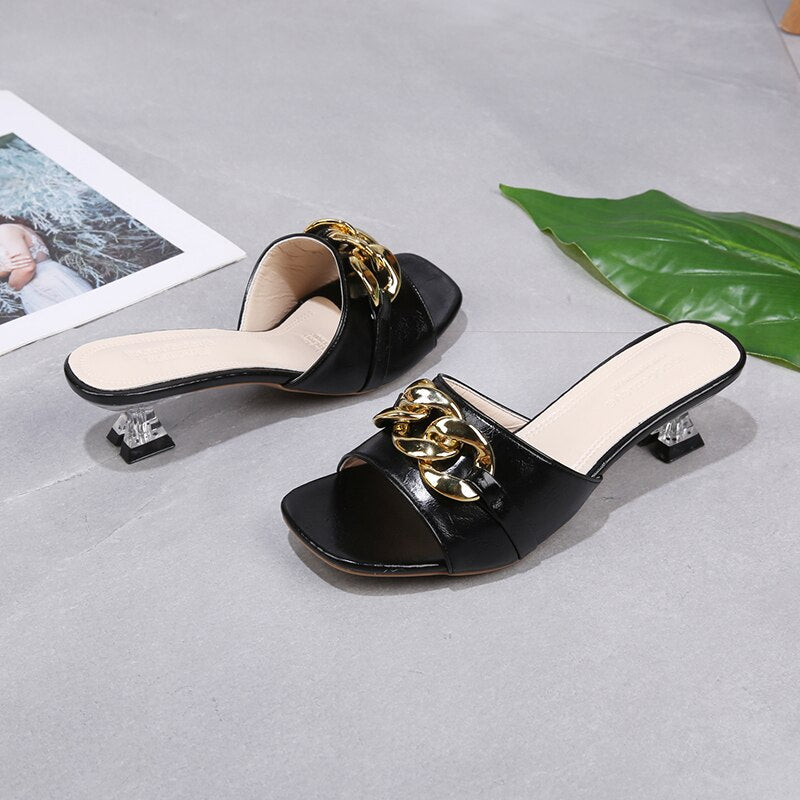 Women Slippers Women&#39;s Mules Slides Shoes Female Clear Heels Sandals with Chain Thin Heels Open Toe Outdoor Party Footwear
