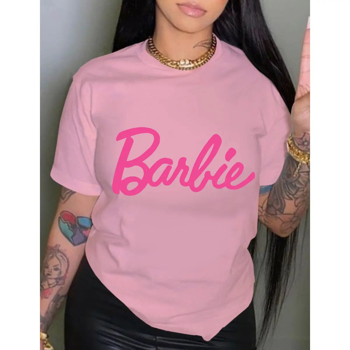 Barbie mektup baskılı T Shirt moda bayanlar pamuk yuvarlak boyun kısa kollu Y2K kızlar yaz fanila tüm maç hediyeler Tops