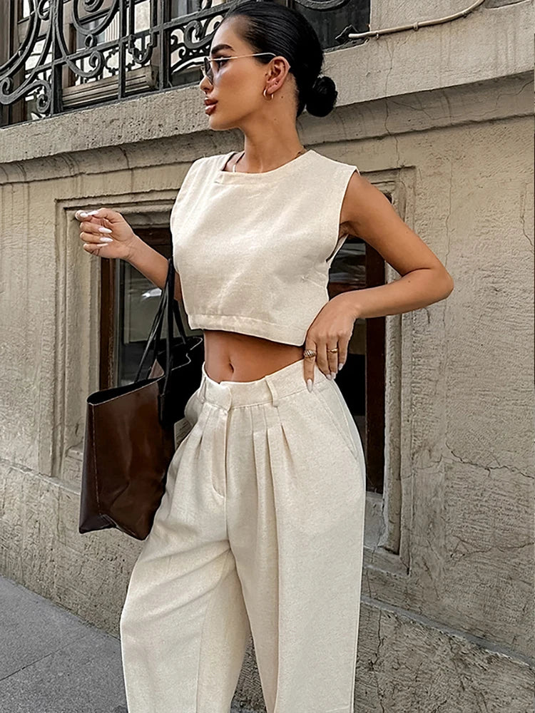 Daniella Linen Crop Top & Pleated Pants Set