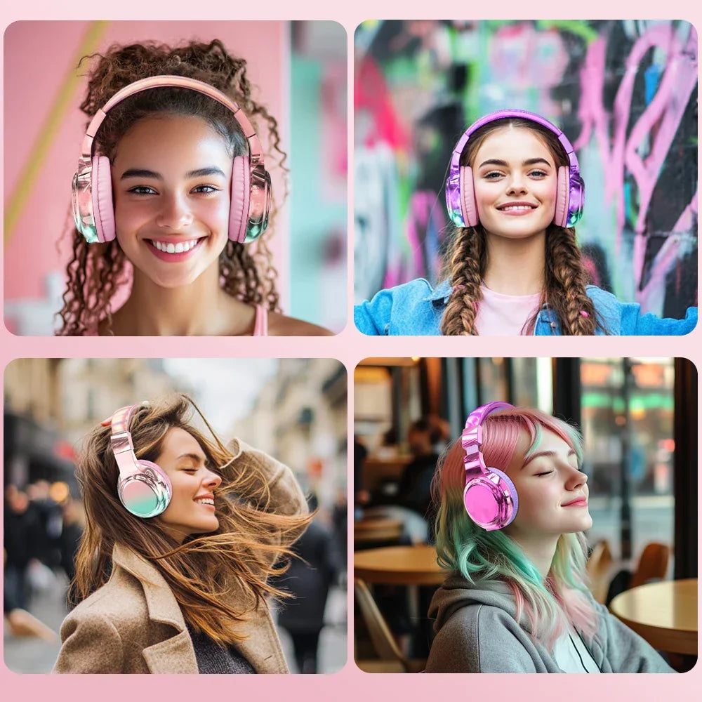 Glossy Gradient Pink Bluetooth5.3 Headphone For Girl Wireless Headphone with Mic Over Ear Headset for Girlfriend Christmas Gift