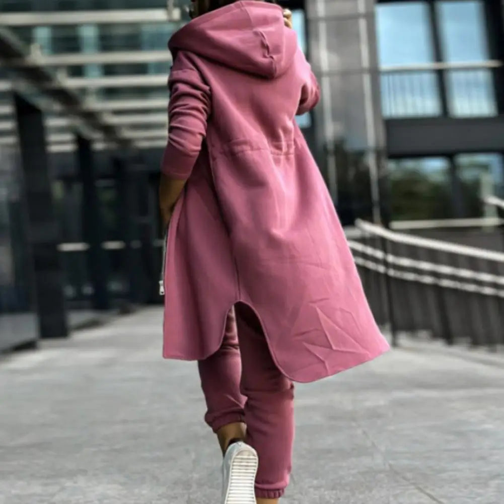 Breathable Women Suit Women's Hooded Coat Pants Set with Irregular Split Hem Long Sleeve Fleece Tracksuit Elastic Waist